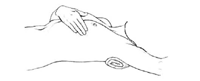 Click Image to Enlarge Illustration of breast self-examination, step 6, arm raised while lying down
