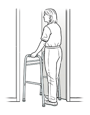 Woman with walker moving through doorway. 