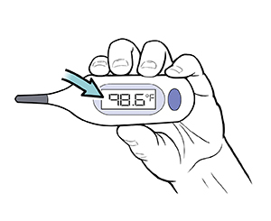 Digital rectal thermometer showing reading of normal 98.6 temperature.
